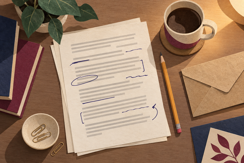 Paper collage of a marked-up essay draft on a desk with a pencil, a mug and a kraft envelope