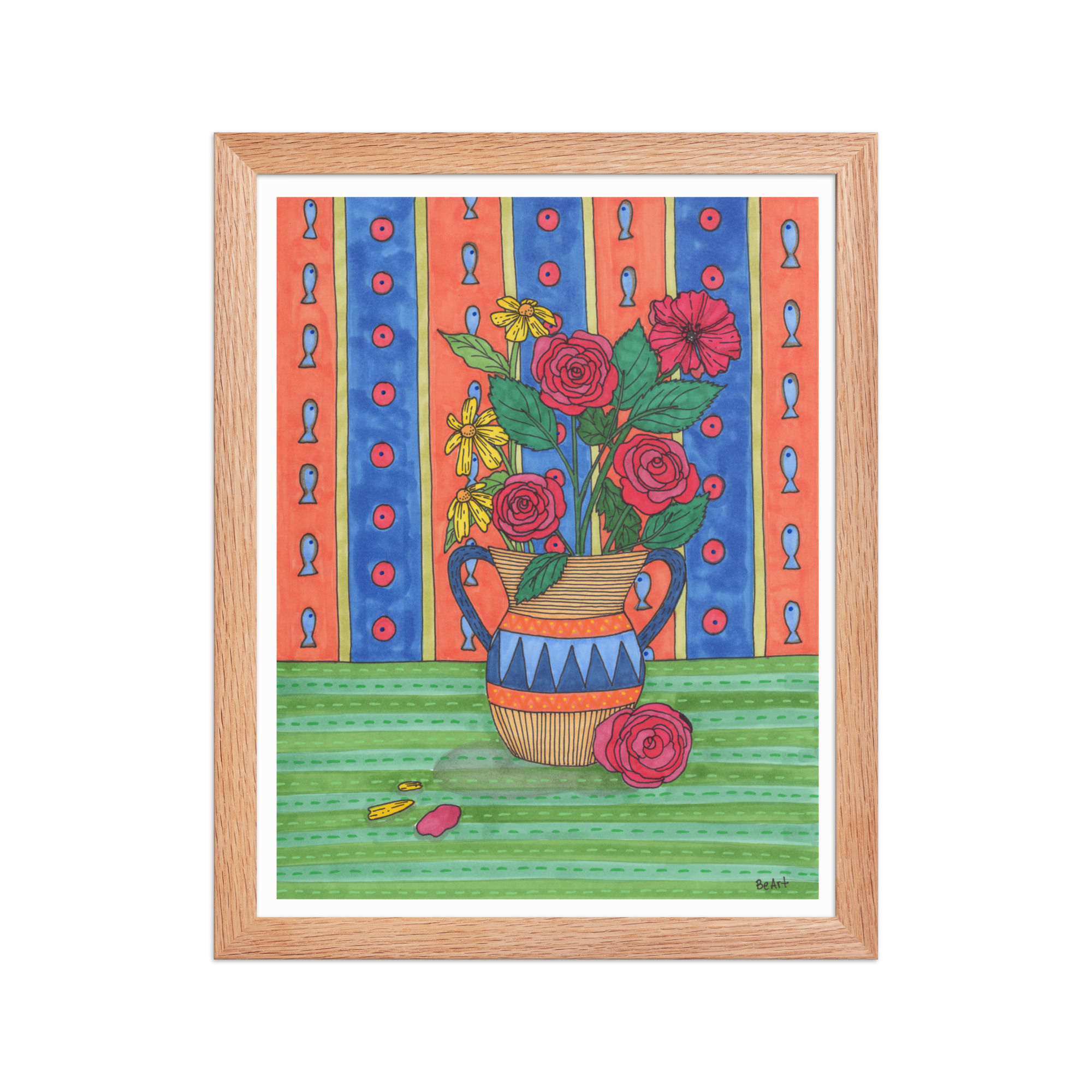 Daisies, Poppy, and Roses - Hand Drawn Framed Art Print
