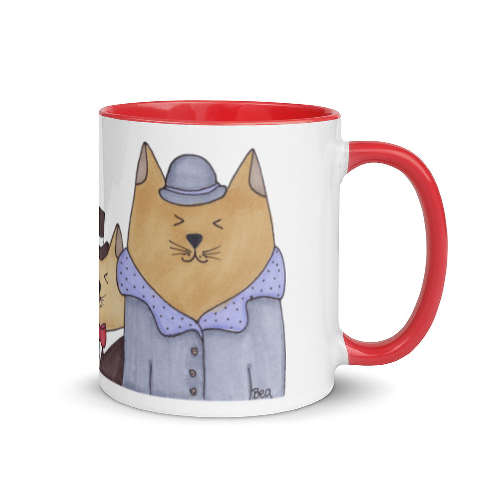 Cat Family Ceramic Mug with Color Inside - Hand Drawn Design