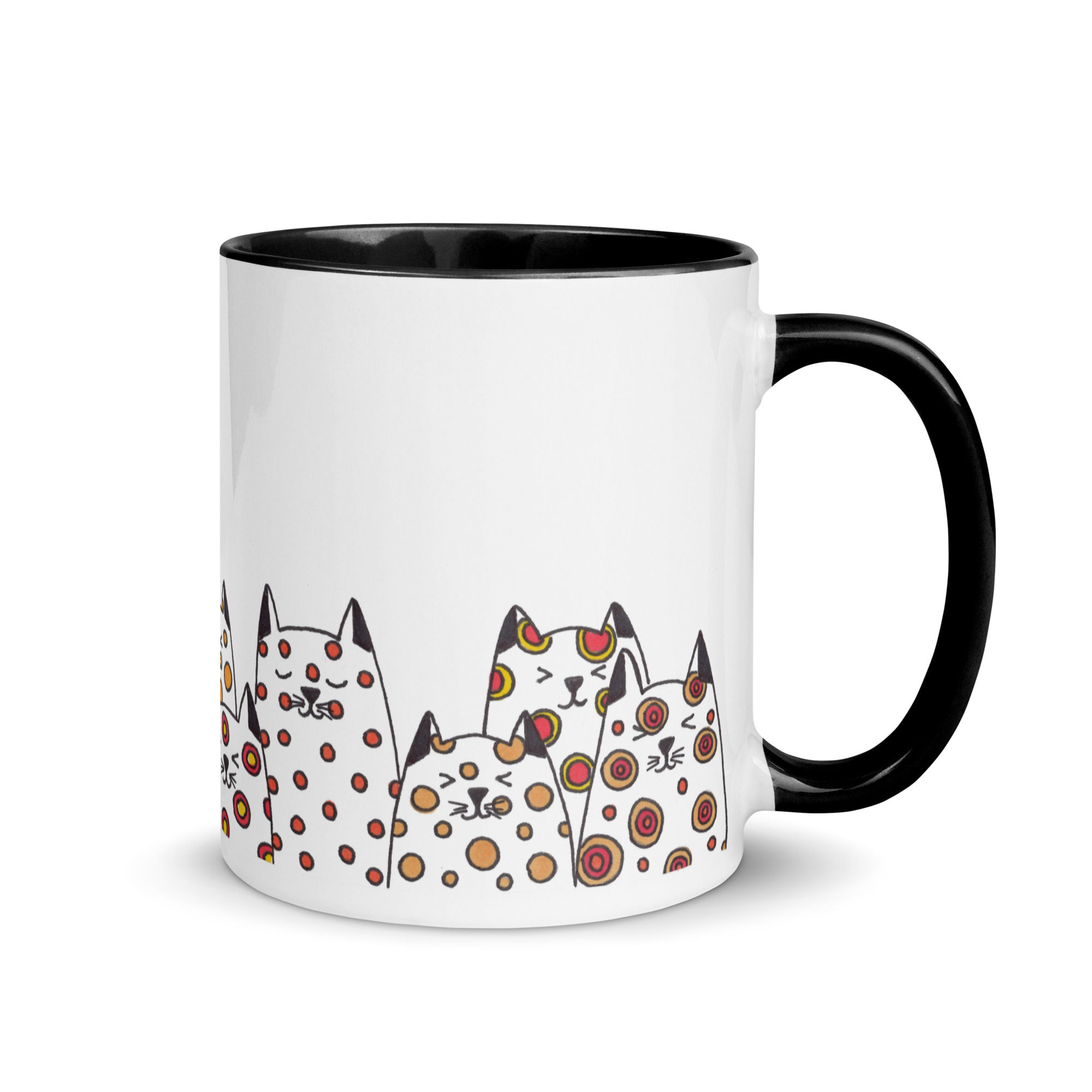 Cat Family Ceramic Mug with Color Inside - Hand Drawn Design