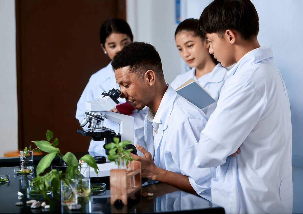 Pesquisador ensinando alunos sobre plantas