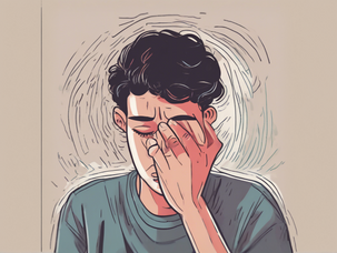 Illustration of a person with curly hair, hand on their face, expressing stress. Muted colors and swirling background suggest anxiety.