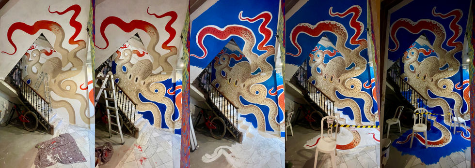 Schizzo digitale di anteprima del murales del polpo disegnato da Giuseppe Santoro.
Digital sketch preview of the octopus mural drawn by Giuseppe Santoro.
Boceto digital de vista previa del mural de pulpo dibujado por Giuseppe Santoro.