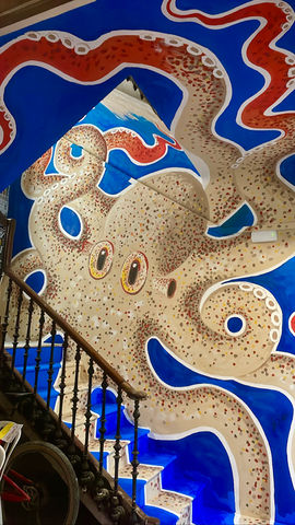 Murales di un polpo realizzato da Giuseppe Santoro all’interno dell’Eco Hostel in Gran Via de Colón, Granada.
Mural of an octopus created by Giuseppe Santoro inside the Eco Hostel on Gran Via de Colón, Granada.
Mural de un pulpo creado por Giuseppe Santoro dentro del Eco Hostel en Gran Vía de Colón, Granada.