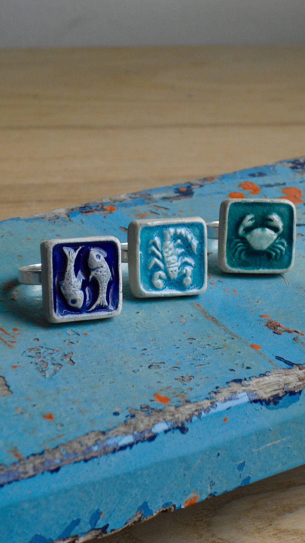 Anelli in grès bianco smaltato raffiguranti i segni zodiacali di Pesci, Scorpione e Cancro, con montatura in argento 925 regolabile. | White stoneware rings with enamel depicting the zodiac signs of Pisces, Scorpio, and Cancer, featuring adjustable 925 silver bands. | Anillos de gres blanco esmaltado que representan los signos zodiacales de Piscis, Escorpio y Cáncer, con montura de plata 925 ajustable.