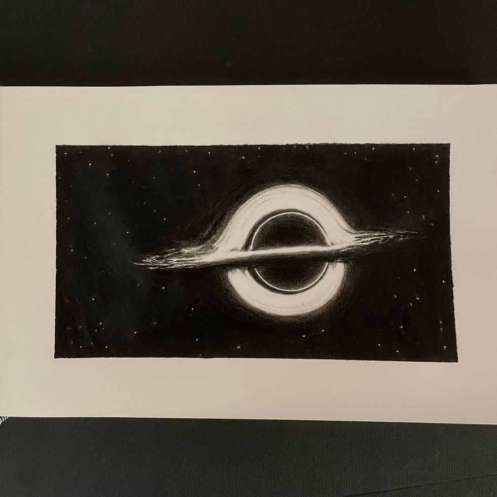 Disegno a carboncino del buco nero Gargantua, ispirato al film Interstellar, che esplora il concetto di relatività temporale.