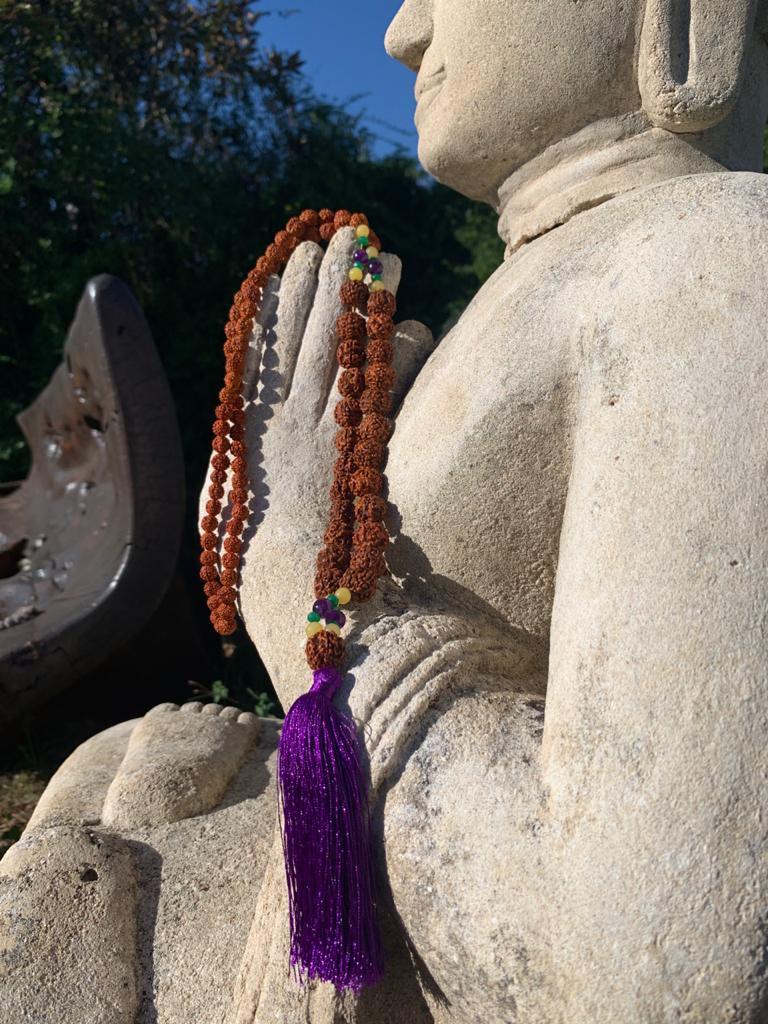 Thumbnail: Japamala Shanti with large rudraksha seeds, Purple Jade and Purple Fringe