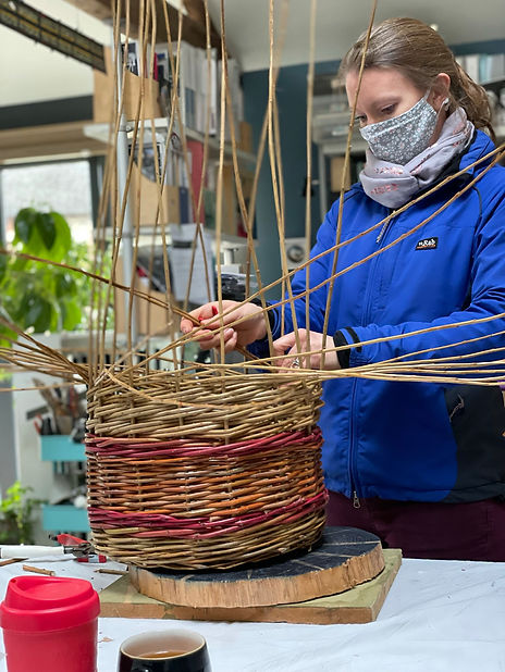 Willow workshop student making her first basket_