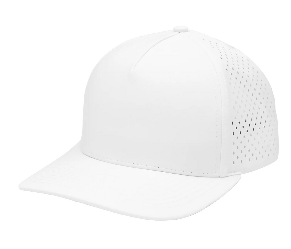 White performance cap with perforated side panels
