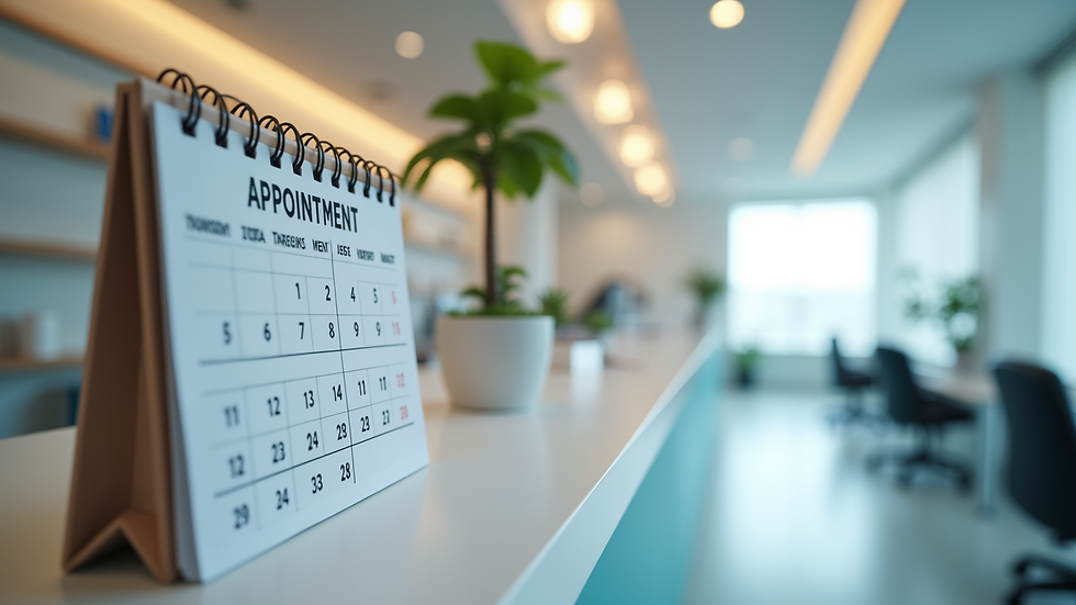 Close-up view of a dental clinic reception desk with appointment calendar