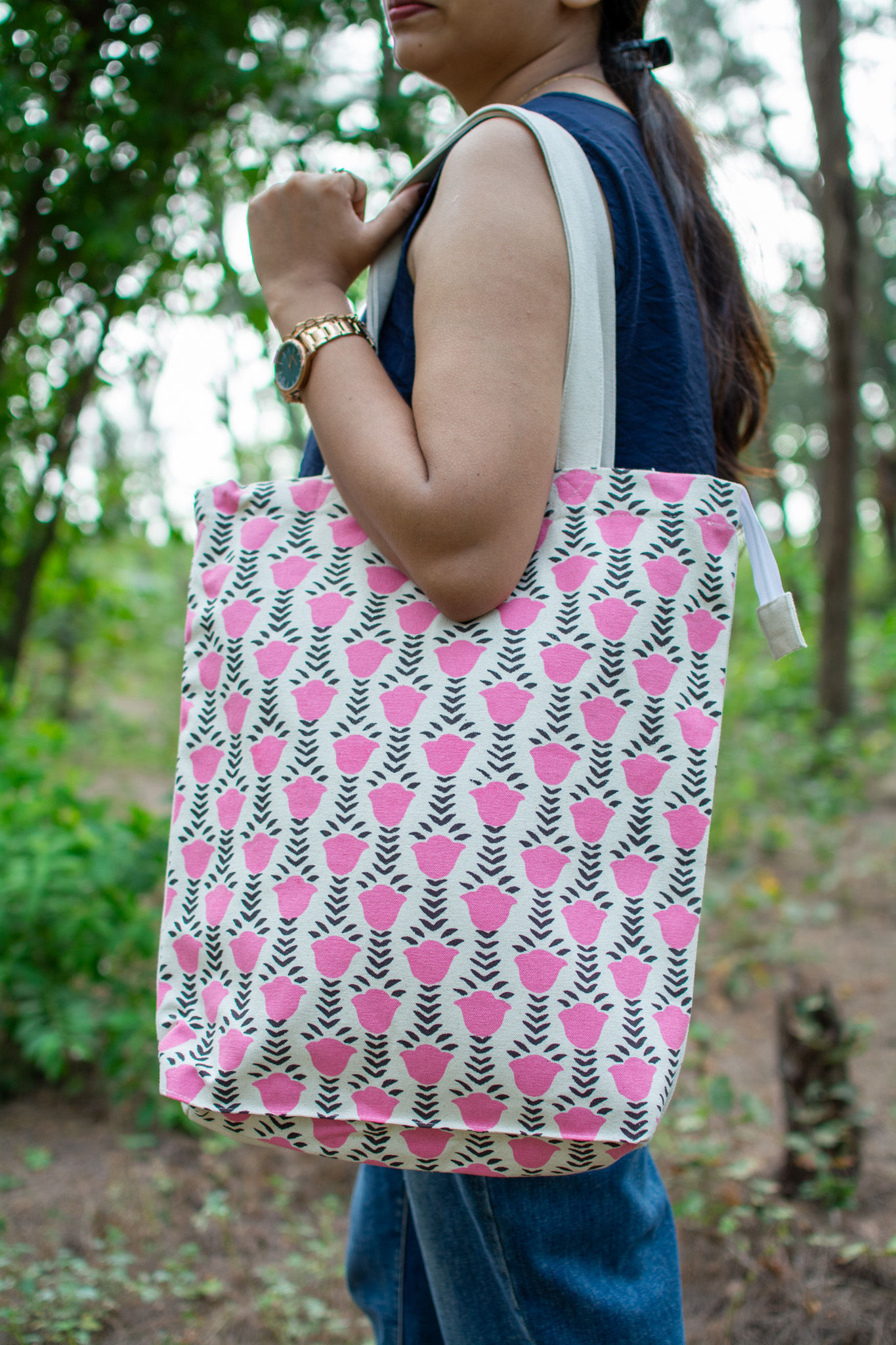 FLORAL PRINTED COTTON TOTE BAG