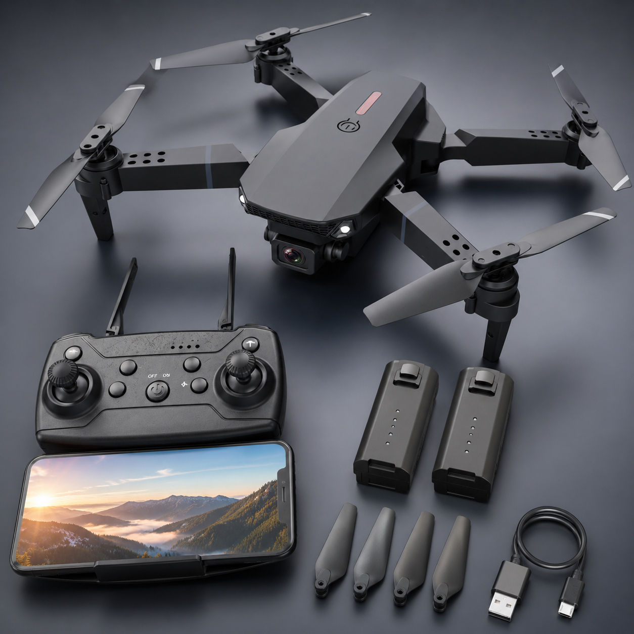 Drone E88 Mini Dobrável com Wi-Fi, Controle Remoto e Giro 360°