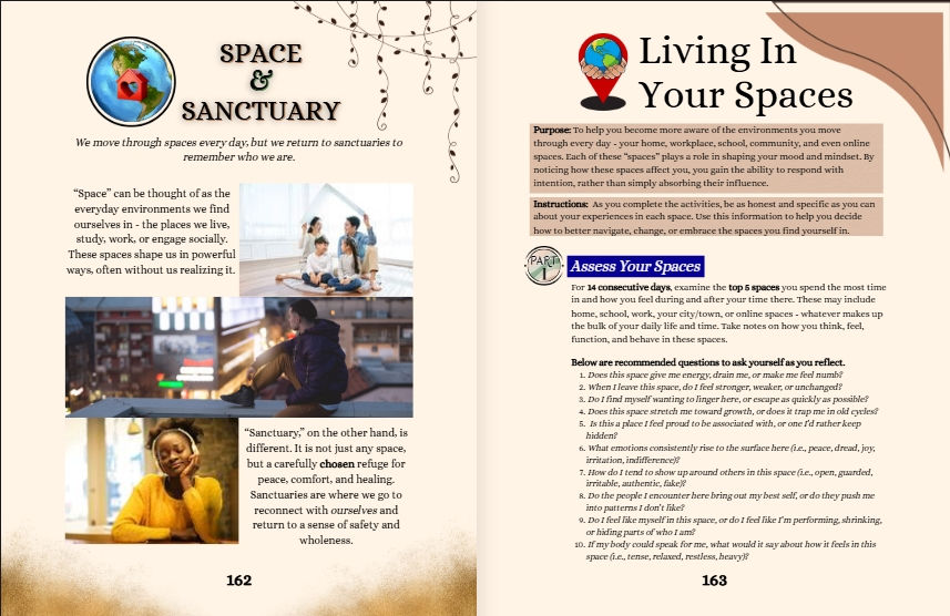 Thumbnail: Spread from The Hope Again Blueprint: 'Space & Sanctuary' and 'Living In Your Spaces' sections.