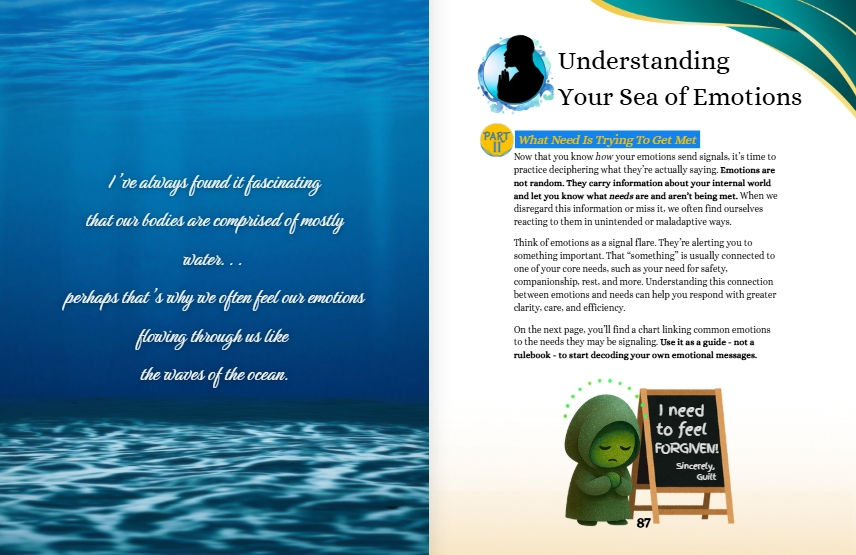 Thumbnail: Two-page spread: 'Understanding Your Sea of Emotions' and text about emotions flowing like ocean waves, with a green character next to a blackboard saying 'I NEED to FEEL appreciated'.