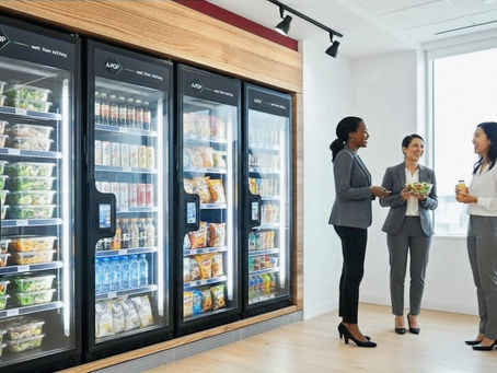 Three office employees in Atlanta talking in front of a Red Hawk Vending AI micro market
