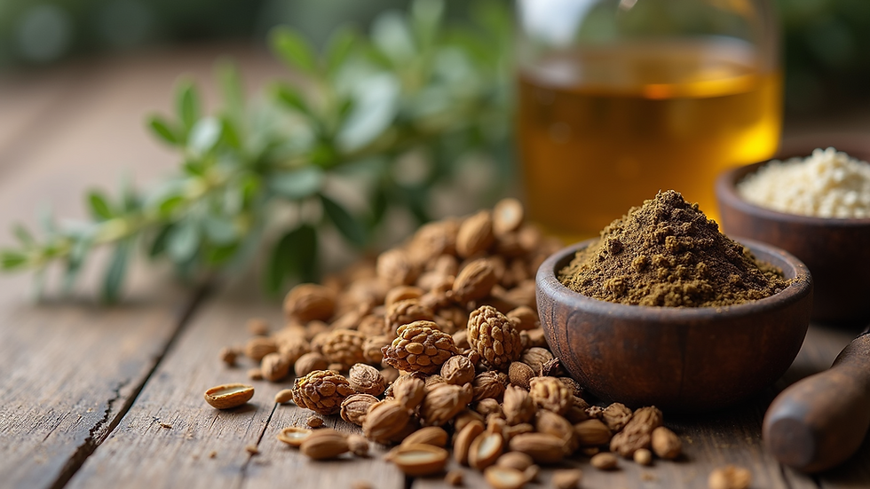 Close-up view of herbal remedies and dried plants on a wooden table