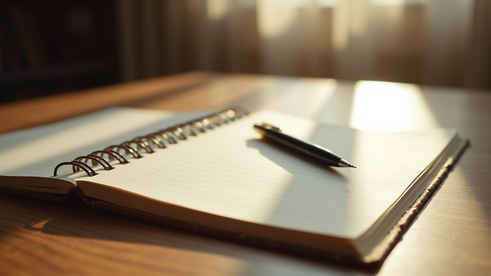 Close-up of a journal and pen on a wooden table with soft morning light