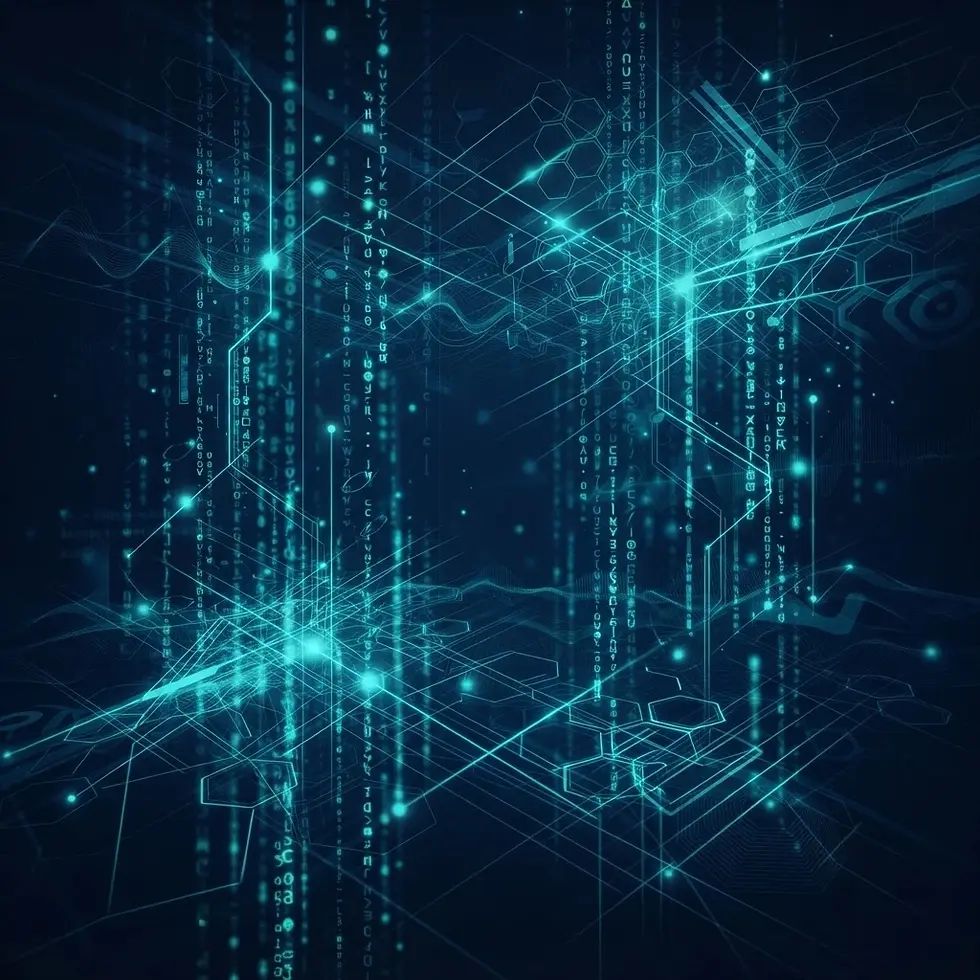 Digital illustration of a glowing blue abstract network. It depicts interconnected lines and data points, conveying a futuristic technological theme.