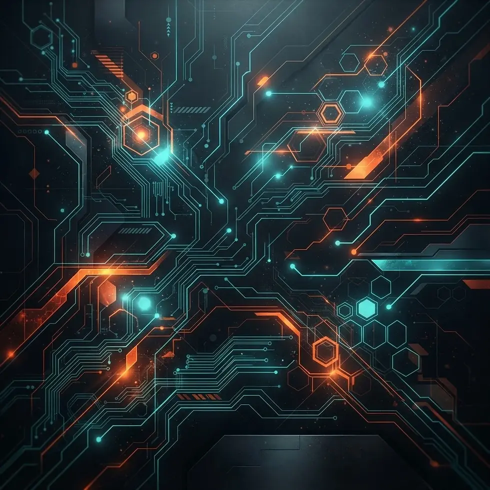 Digital illustration of a detailed abstract circuit board. Glowing teal and orange lines create a futuristic, technological theme against a dark background.
