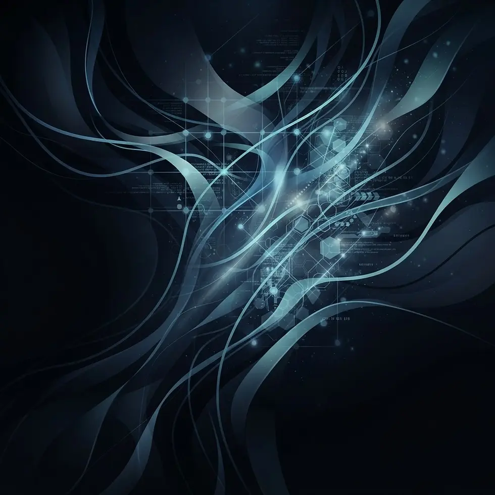 Abstract digital illustration with flowing luminous blue ribbons and particles against a dark background. Conveys a sense of dynamic energy and technological sophistication.