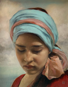 Girl in a Sky Blue Headscarf oil painting by Zara Kuchi