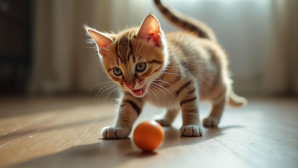 Eye-level view of a playful cat batting at a toy