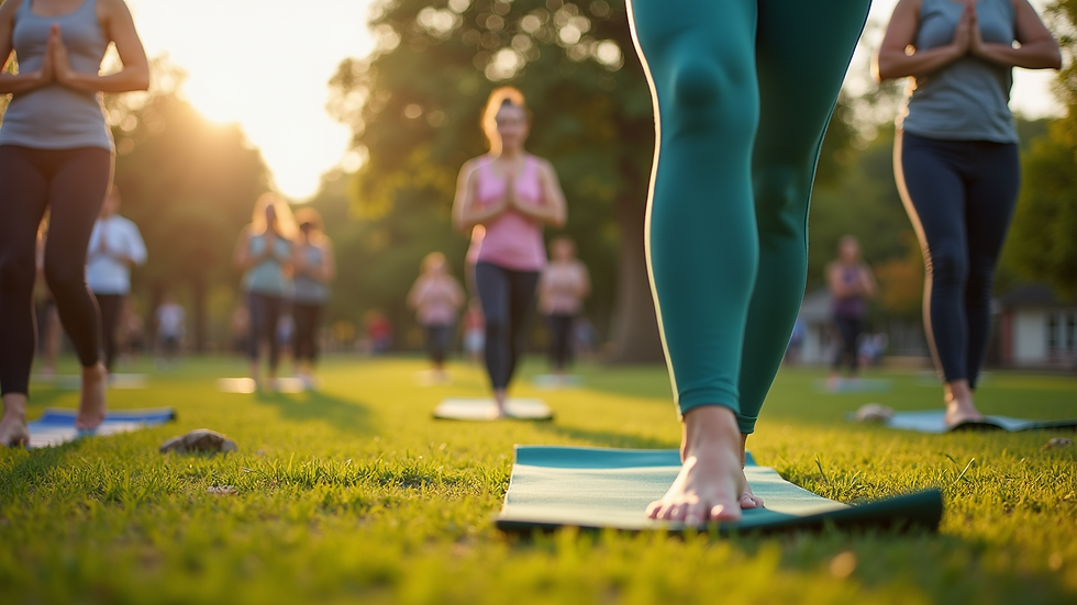 Eye-level view of a yoga class in a park with participants enjoying the session