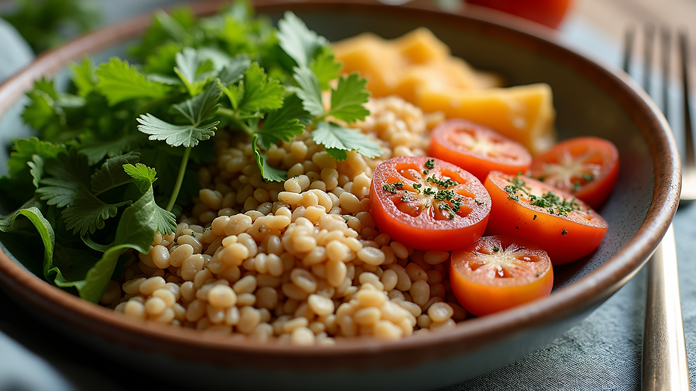 High angle view of a healthy meal consisting of fresh vegetables and grains