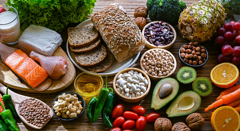 Close-up view of a colorful assortment of fresh fruits and vegetables