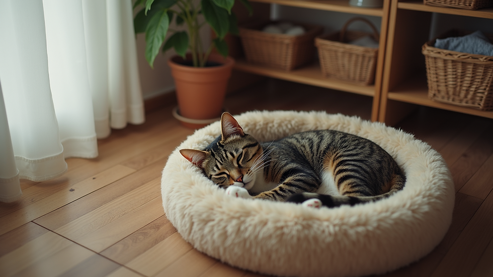 High angle view of a cozy cat bed with a sleeping cat