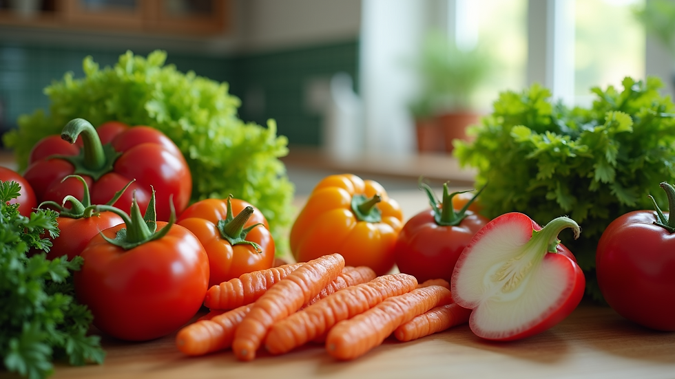 Eye-level view of a colorful array of fresh vegetables on a kitchen countertop