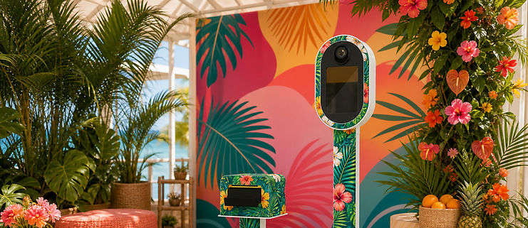 Tropical-themed photo booth station at a Miami Beach event