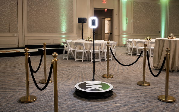 360 video booth platform with camera, lighting and a roped operating area