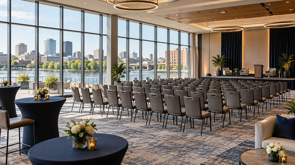 Modern Delaware conference venue with theater-style seating overlooking a riverfront city skyline