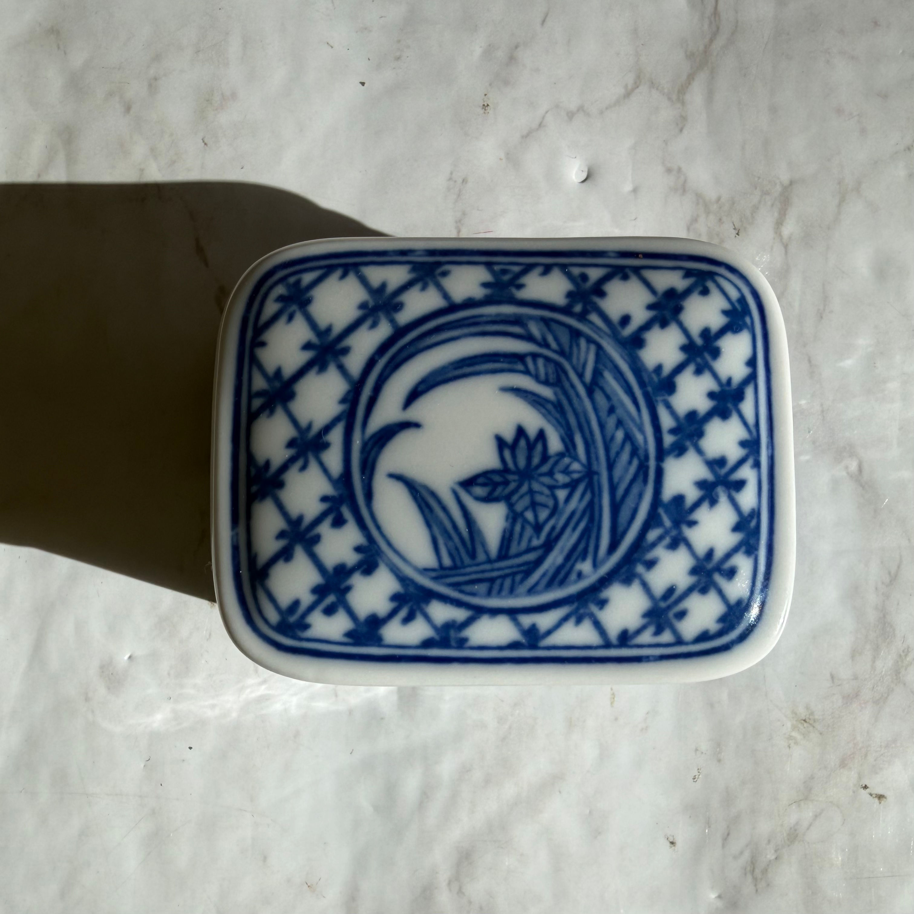 Small Blue & White Porcelain Covered Trinket Box/Match Box
