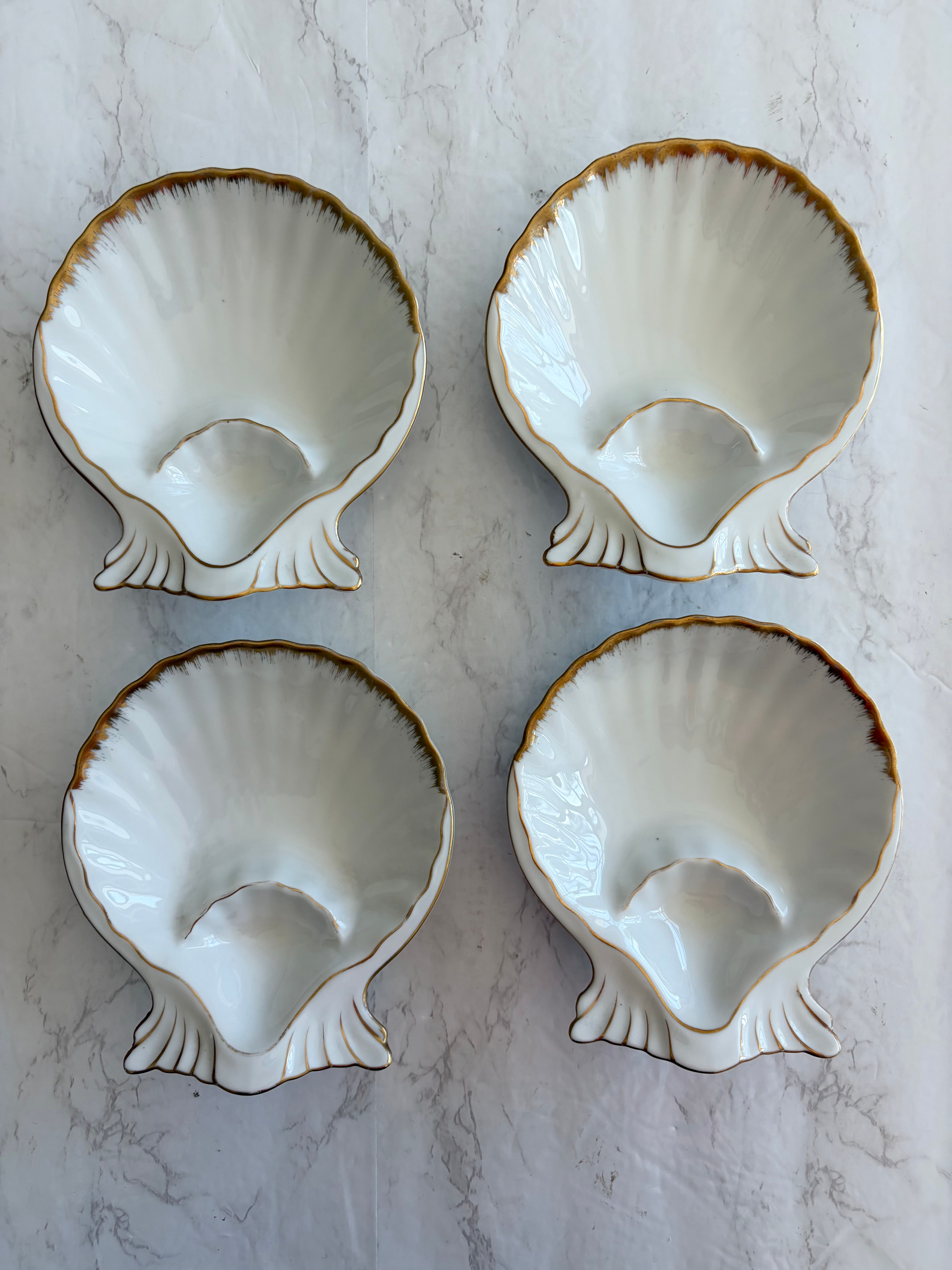 Vintage Mid-Century Porcelain Shell Seafood Plates with Built-in Sauce Well & Go