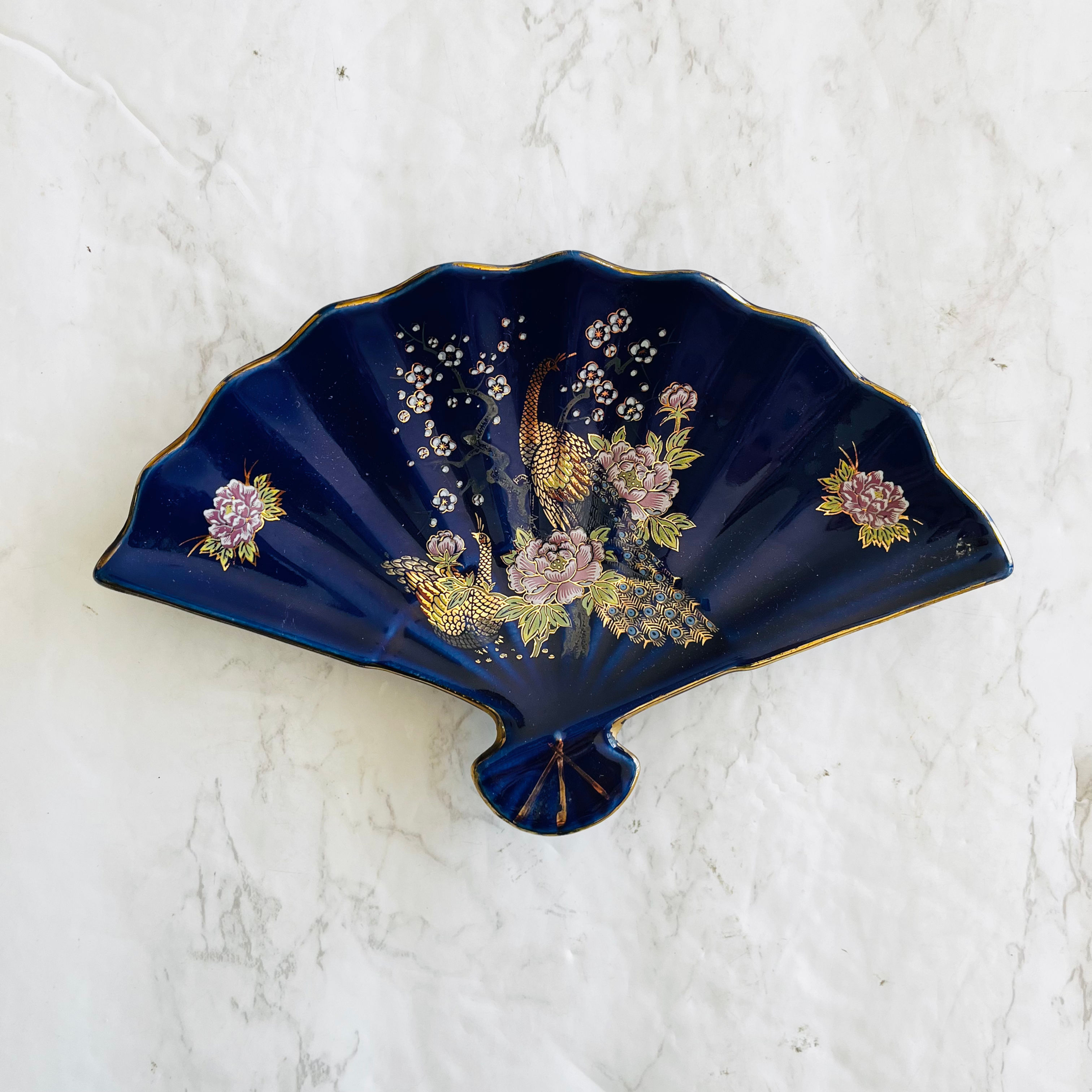 Vintage Peacock & Chrysanthemum Trinket Dish Cobalt Blue Fan 