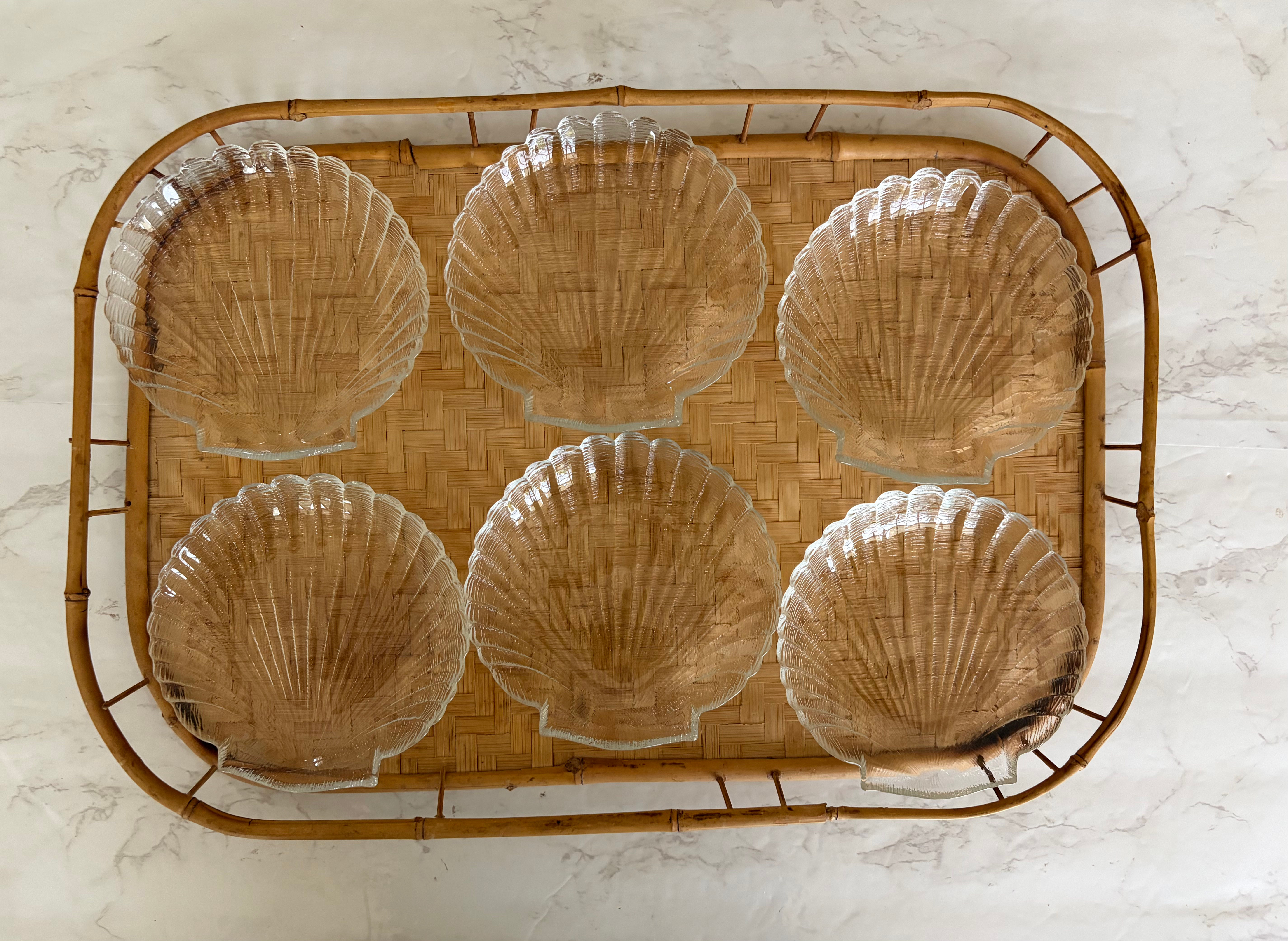 Set of 6 Vintage Arcoroc “Coquillage” Clear Glass Shell Appetizer Plates 