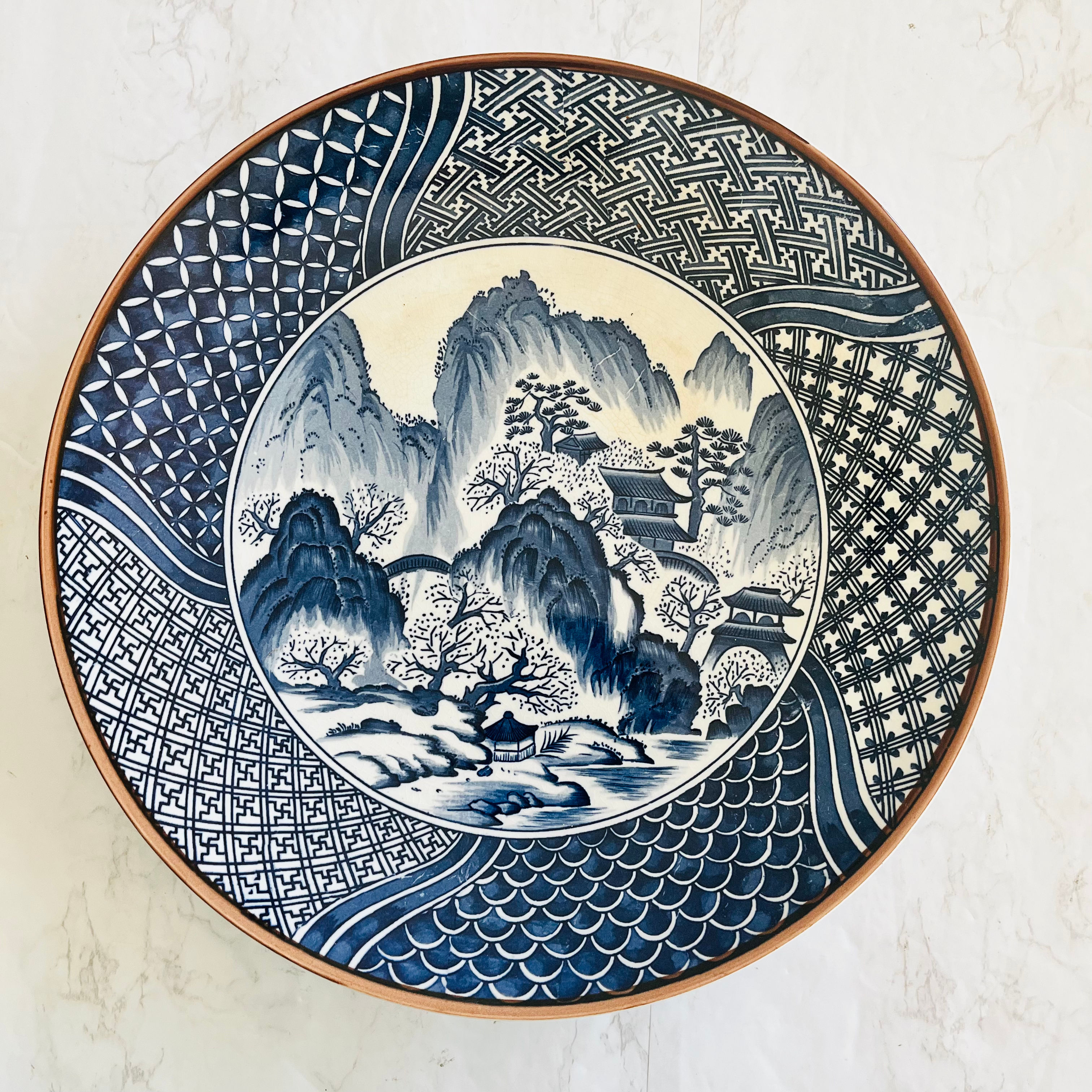 Vintage Blue & White Chinoiserie Charger Plate 12.5” Scenic Pagoda Landscape Jap