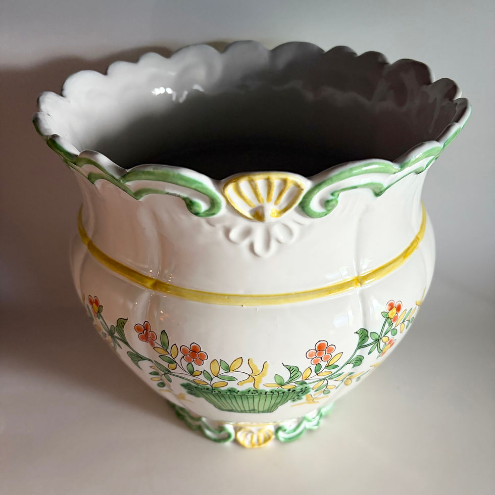 Thumbnail: Vintage Mid-Century Italian Majolica Hand-Painted Floral Basket Cachepot / Plant