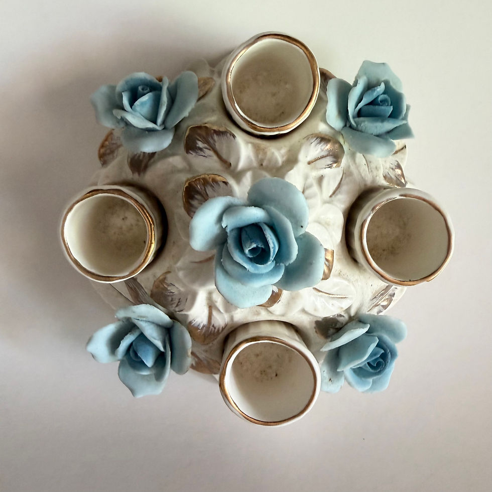 Thumbnail: Vintage I.W. Rice Porcelain 4-Tube Lipstick Holder Blue Rose Gold Trim