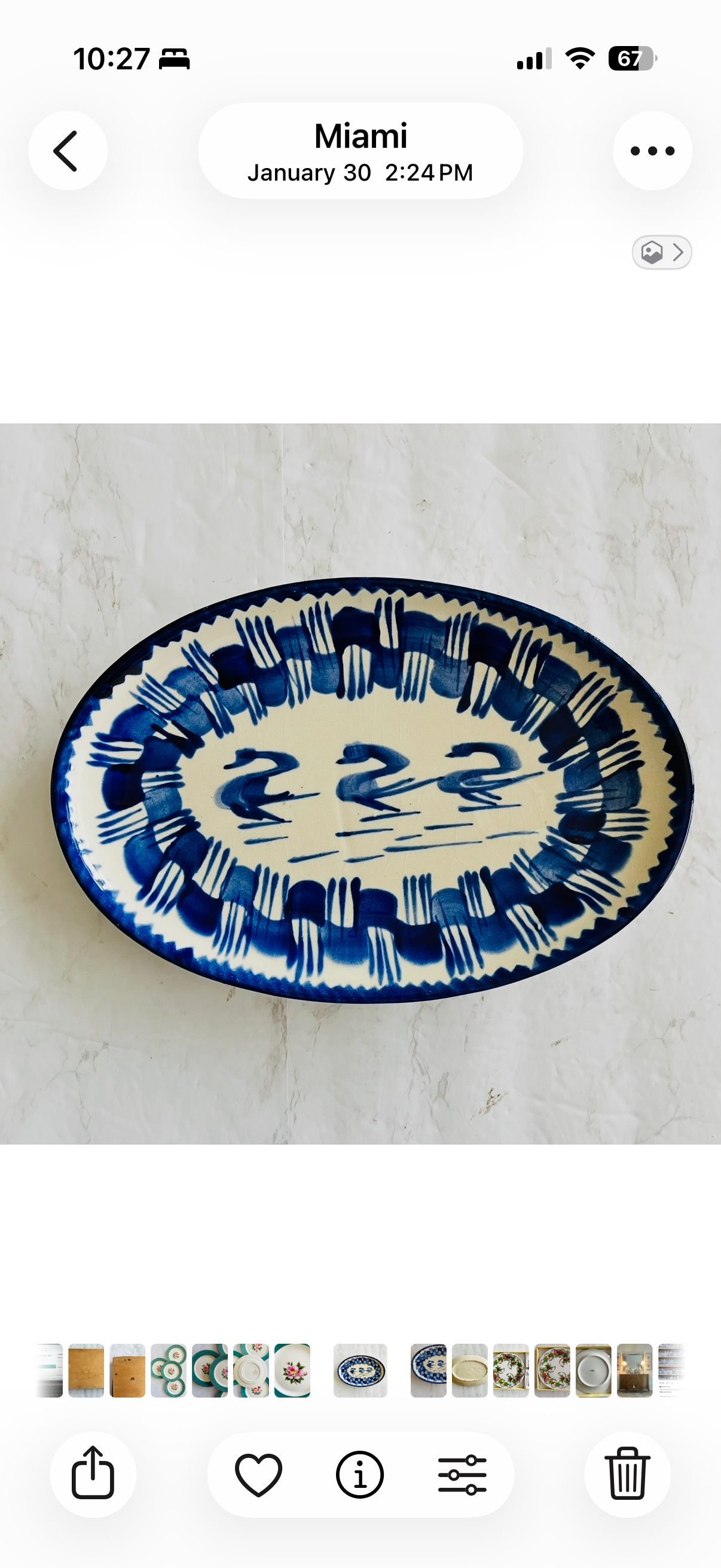 Folk Art Oaxaca Mexico Hand Painted Blue & White Bird Pottery Oval Platter