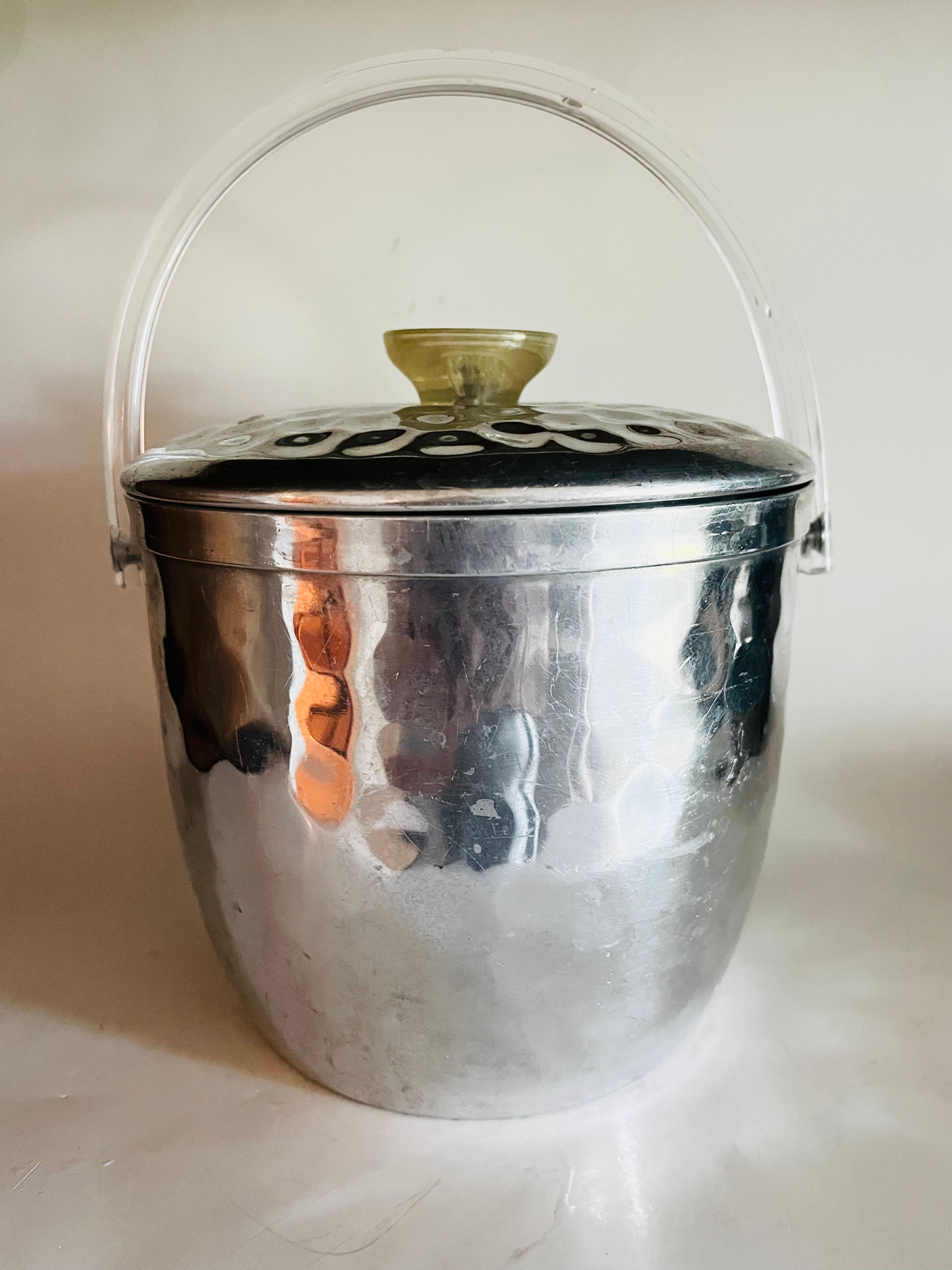 Vintage Mid-Century Modern Kromex Ice Bucket – Brushed Aluminum with Lucite Hand