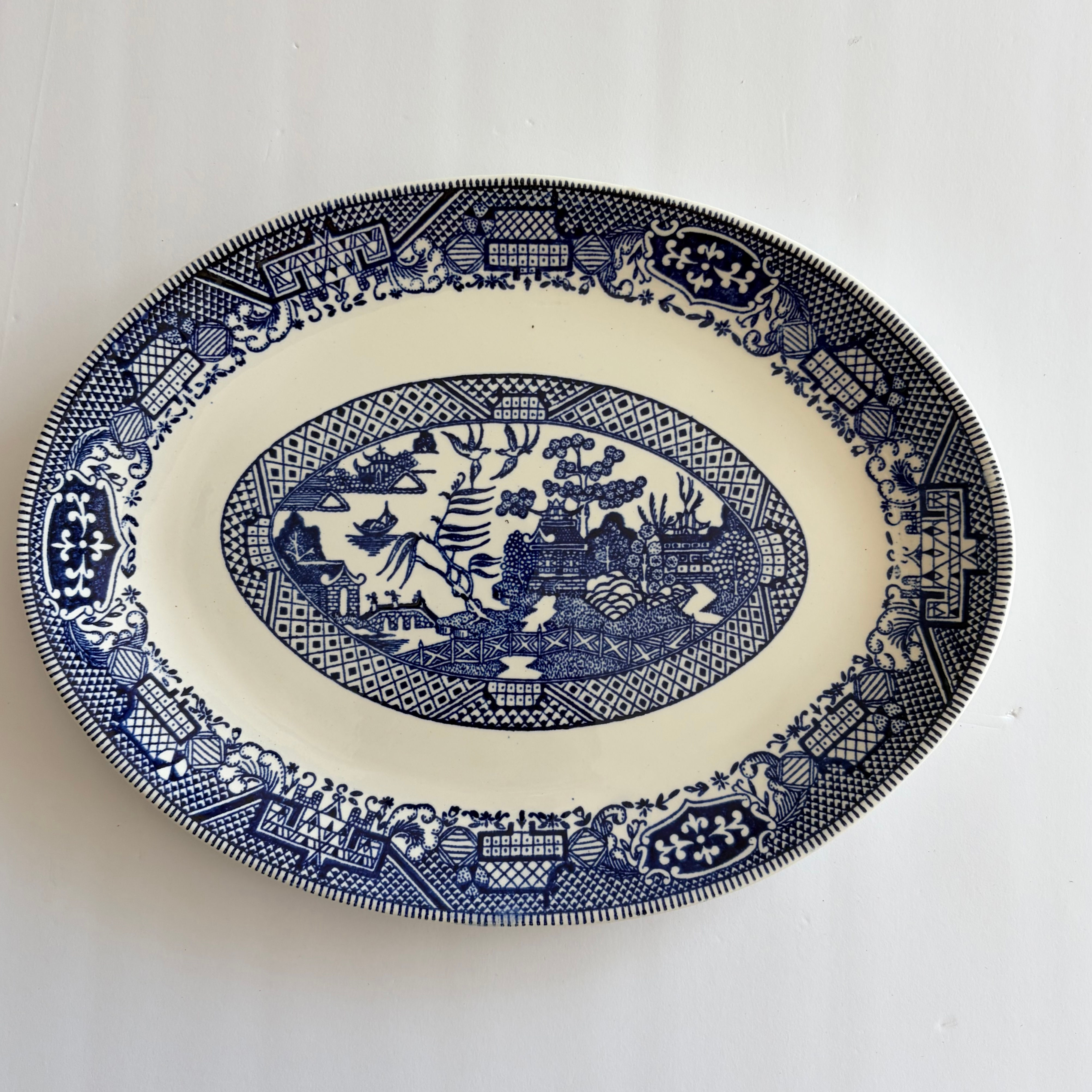 Vintage Blue Willow Oval Platter 11 3/4” Blue & White Transferware