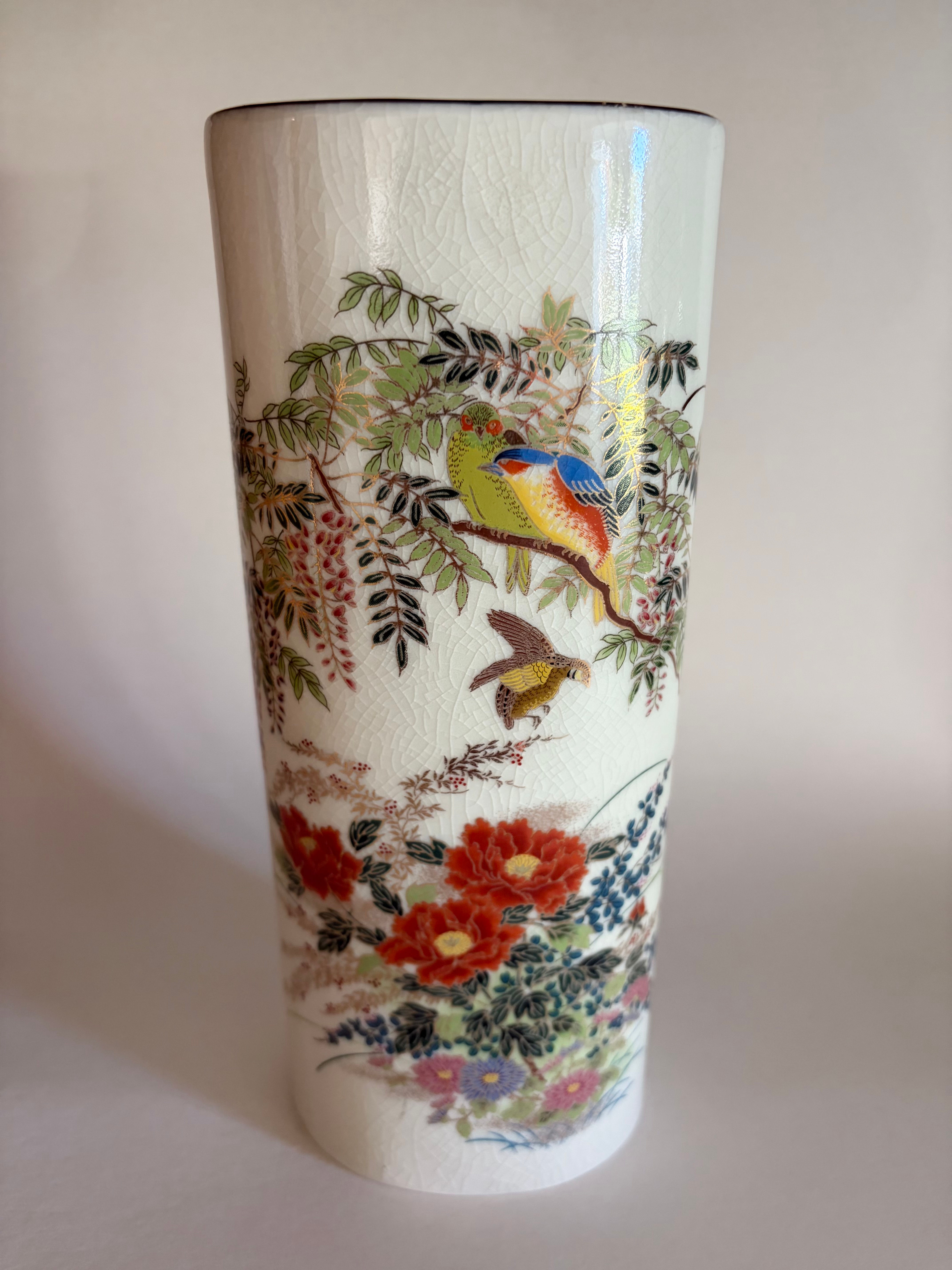 Vintage Japanese Kutani Style Satsuma Bird Floral Vase Gold Trim Crackle Glaze 9