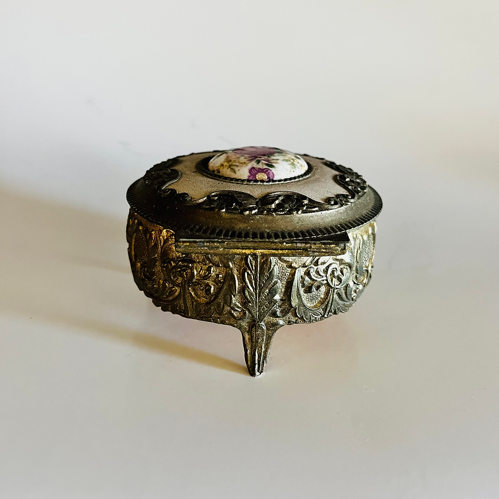 Thumbnail: Vintage Trinket Box Metal Hinged Lid W/Porcelain Floral  Medallion Red Lining