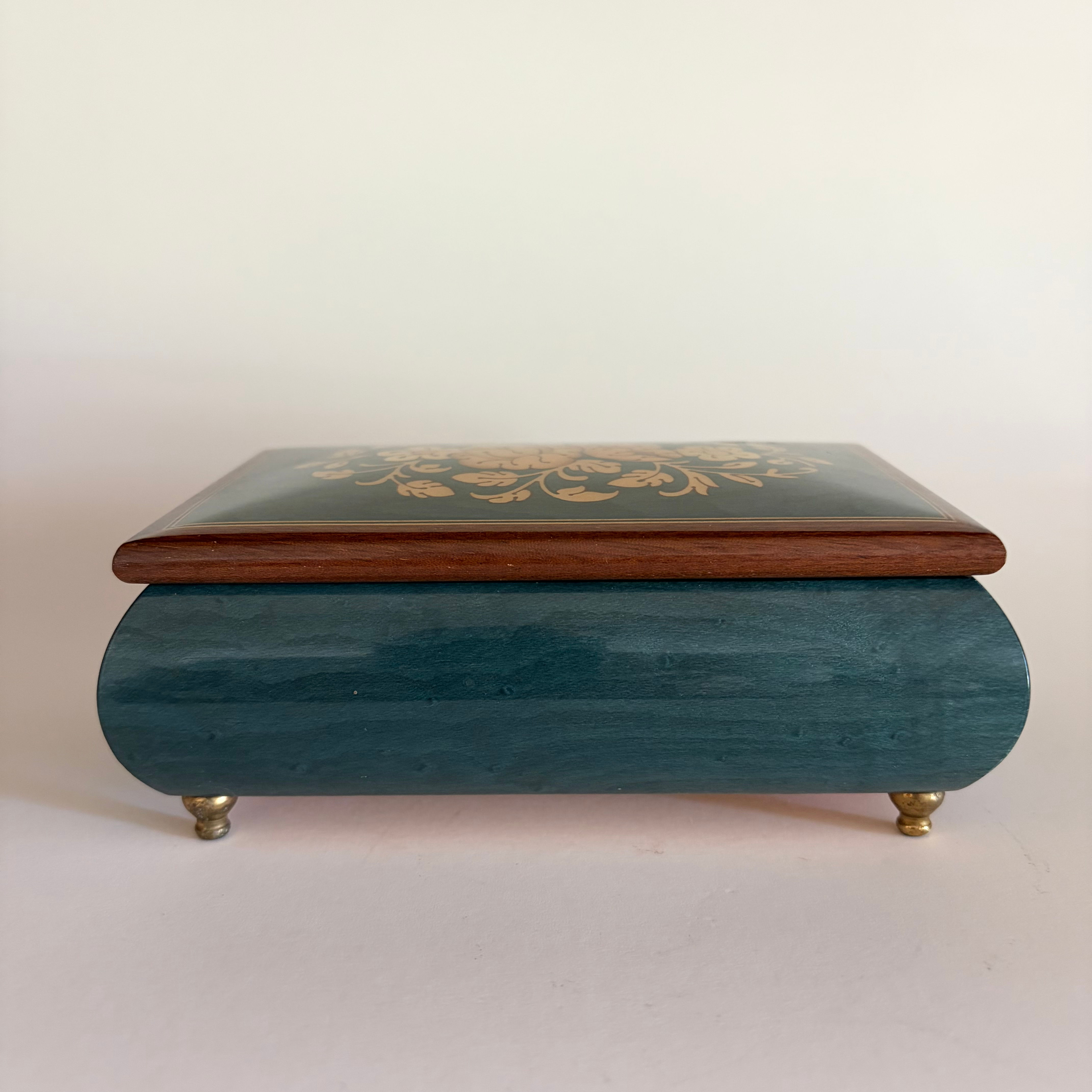 Vintage Italian Sorrento Specialties Reuge Musical Jewelry Box | Teal Lacquer &
