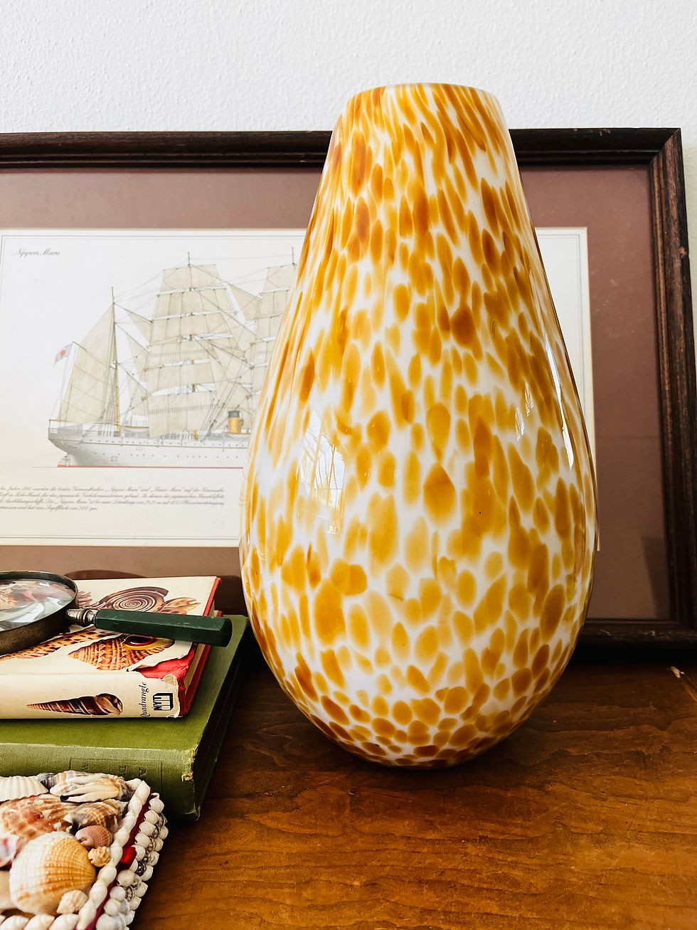 Thumbnail: Vintage Murano Style Amber Tortoiseshell Art Glass Vase White Cased Hand Blown 1