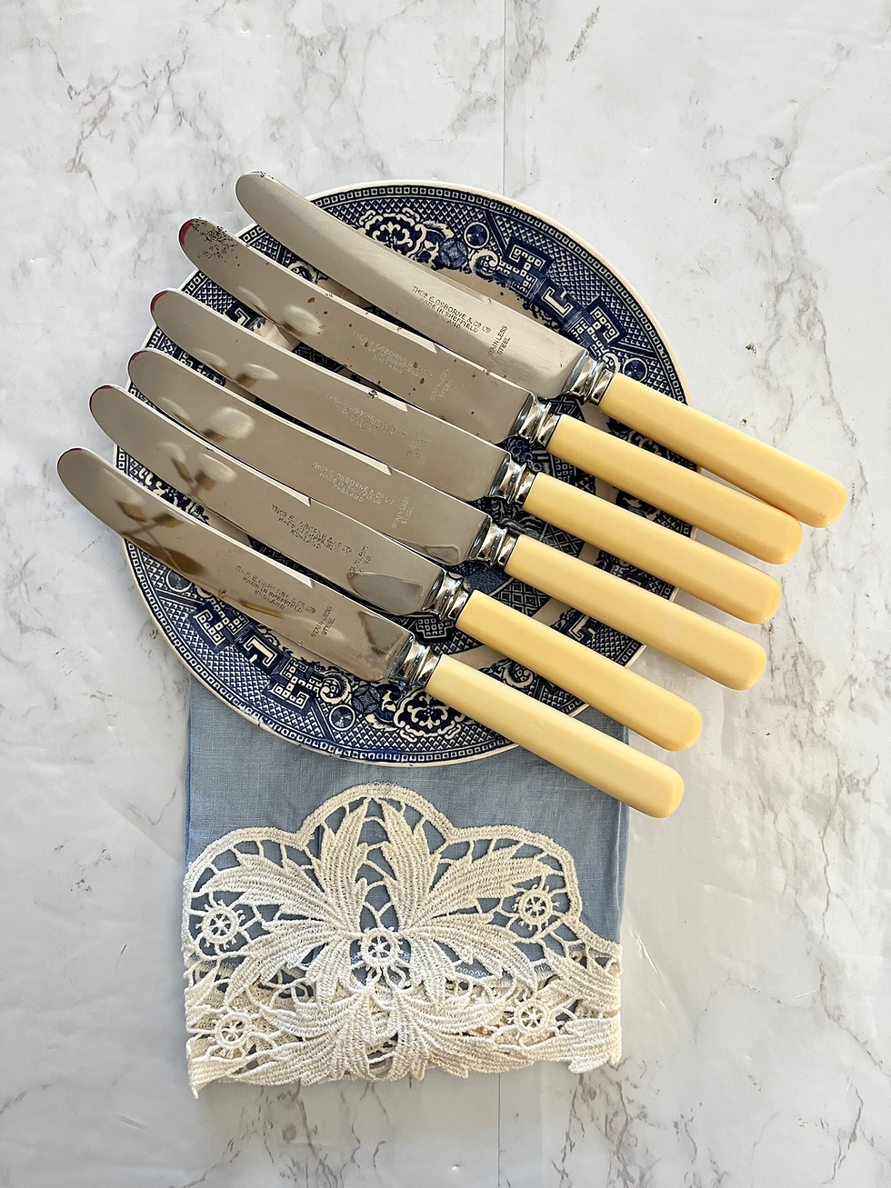 Thumbnail: Vintage Osborn Sheffield Stainless Steel Knives – Faux Bone/Ivorine Handles – Se