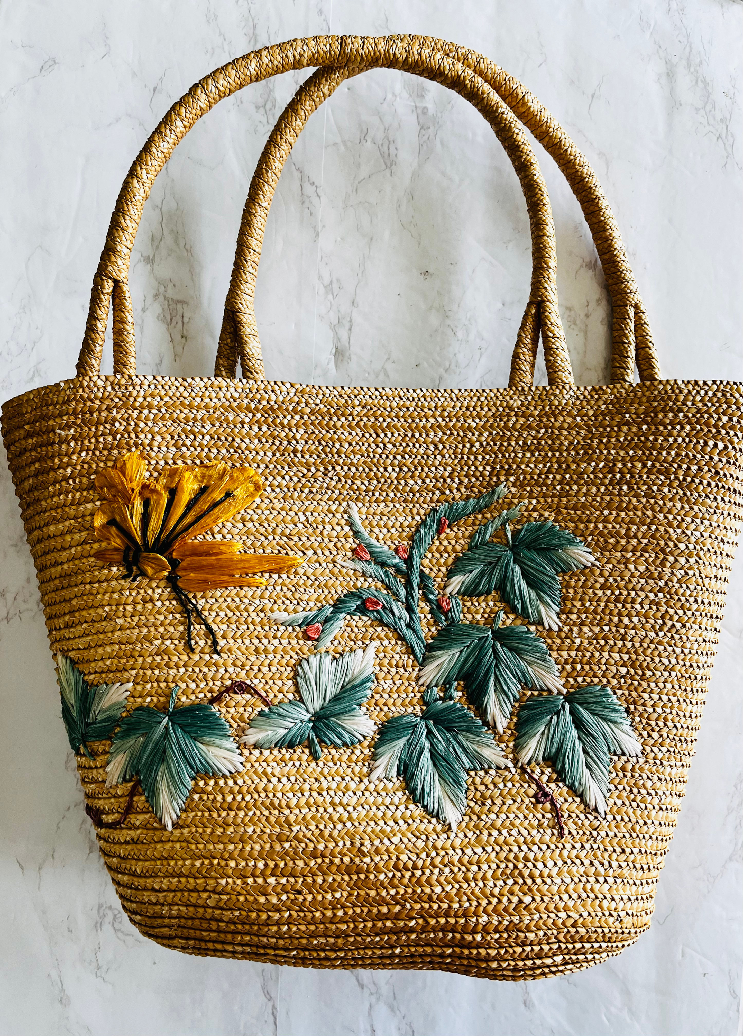 Vintage Raffia Floral Straw Bucket Tote Bag Boho Beach Market Purse 1960-70s